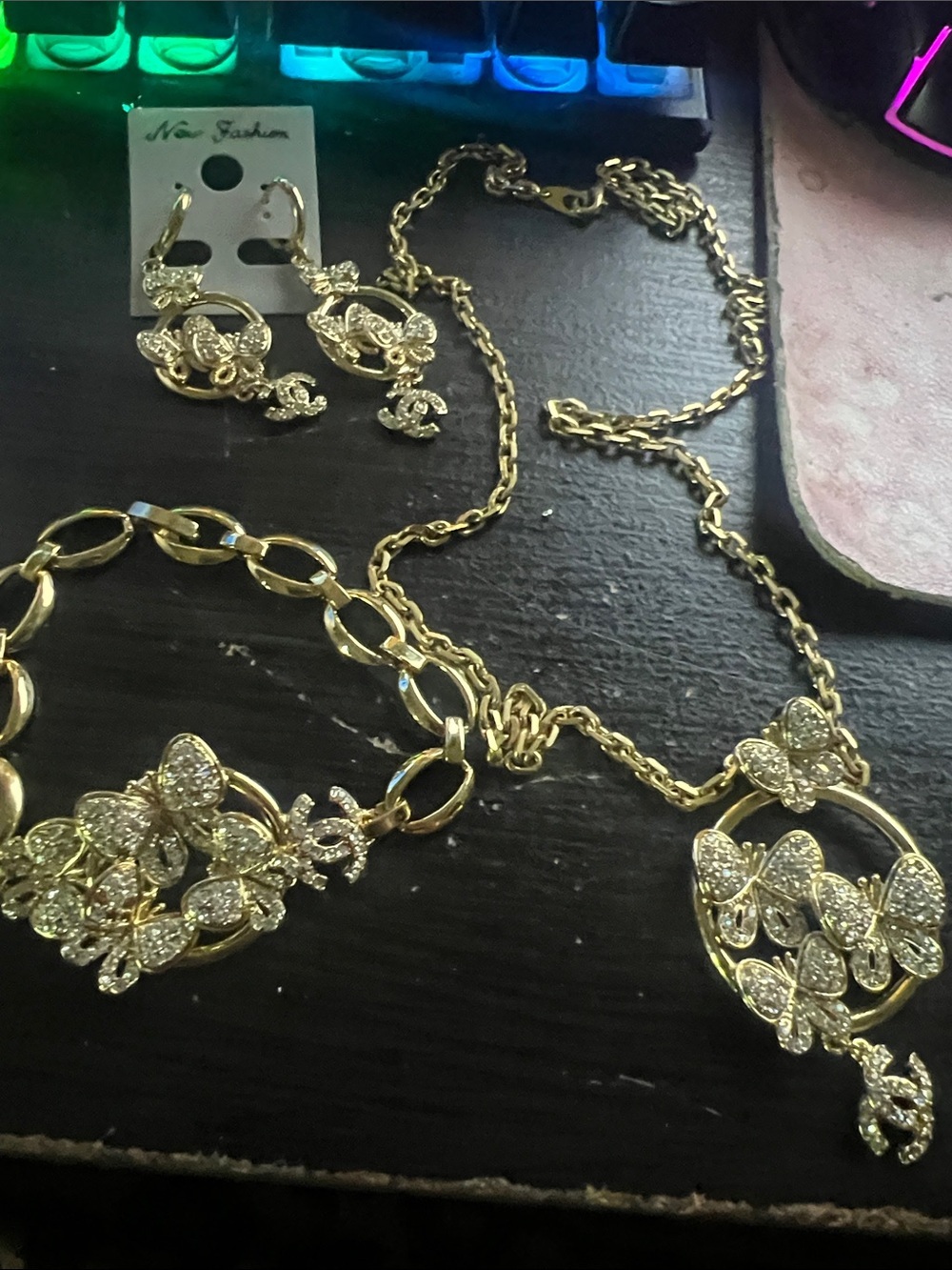 Gold Crystal Floral Necklace, Bracelet & Earring Set -